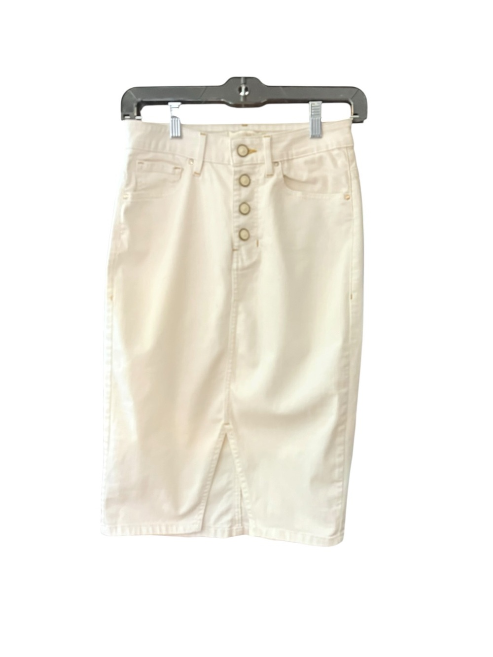 Guess Cream Button-Front Denim Pencil Skirt Front Slit Gold Stitching sz 4